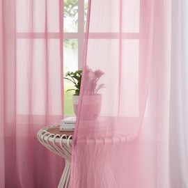 Chiffon Sheer Ombre Curtains for Living Room, Grommet Special Crinkle Gradient Pink Semi Sheer Window Treatments Privacy with Light for Bedroom Kids Room, All Season, 52"x63"x2