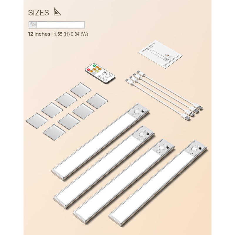Under Cabinet Lighting with Remote Control,2500mAh USB Rechargeable Motion Sensor