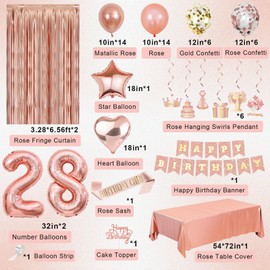 28th Birthday Decorations for Women Girls, Happy 28 Birthday Decorations for Her, Rose Gold Birthday Party Supplies with Banner, Number Balloons, Fringe Curtains, Hanging Swirls, Foil Balloons