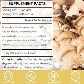 Organic Mushroom Complex Capsules with Lion's Mane, Cordyceps, Reishi, Help for Cognitive Focus, Immune Support & Brain Health, Vegan, Non-GMO, 90 Capsules