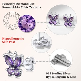 Bestyle Crystal Stud Earrings 925 Sterling Silver Girls Children Earrings with Synthetic Zirconia Birthstone Butterfly Earrings Comes in Jewellery Gift Box, Sterling Silver