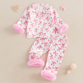 Edhomenn Baby Girl Christmas Pajamas Long Sleeve Lapel Ruffle Hem Buttons Red Tops Pants Suit Christmas 2pcs Outfits Nightwear (05 Pink, 2-3 Years)