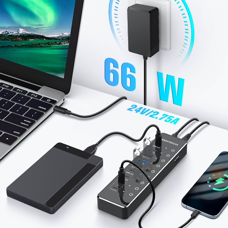 RSHTECH 10-Port Powered USB C Hub 66W with 3x10Gbps USB-3.2