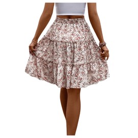 WDIRARA Women's Floral Print Ruffle Hem Elastic High Waist Tie Front Skirt Apricot Large