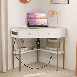 Giantex Corner Desk with Charging Station, 90 Degree Triangle Computer Desk with 2 Drawers & Storage Shelf, L-Shaped Writing Desk Makeup Vanity Table, Compact Corner Desk for Small Spaces (White)