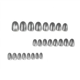 Press on Nails Short Oval Fake Nails with Cat Eye Designs Grey Acrylic Nails Press ons Glossy Glue on Nails Full Cover False Nails Artificial Stick on Nails for Women 24Pcs