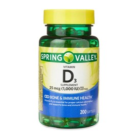 Spring Valley Vitamin D3 1000 IU 25 mcg, 200 Softgels  immune health  vitamina D3  Softgel 200