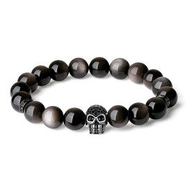 COAI Stone Beaded Bracelet Silver Sheen Obsidian Bracelet Skull Bracelet for Men Women