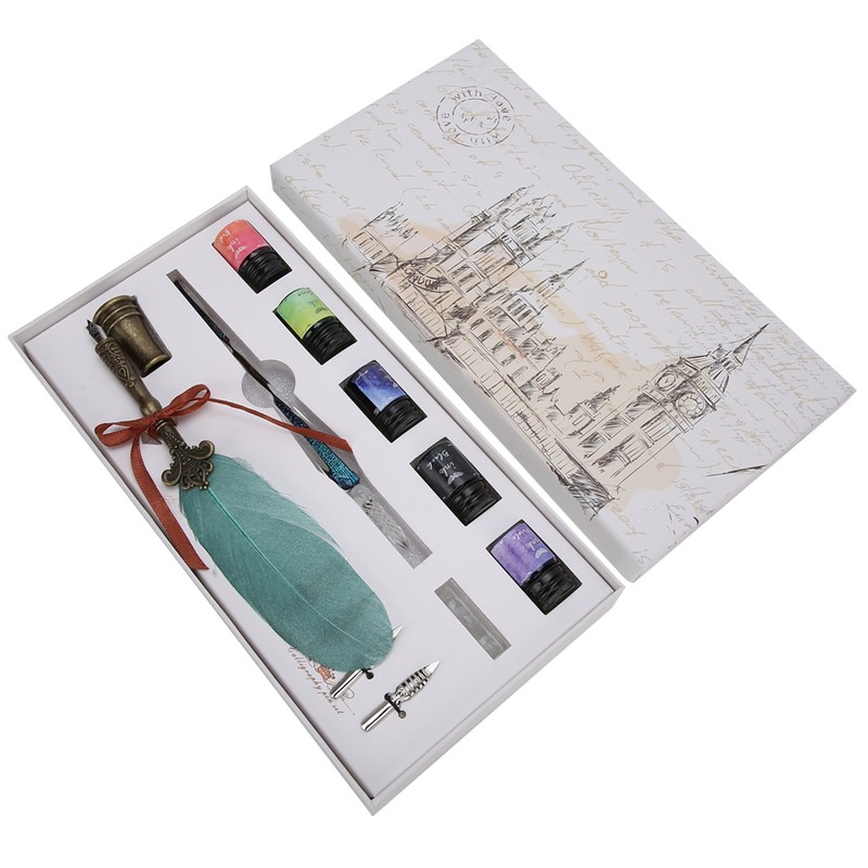 Vintage Feather Dip Pen with Ink 4 Nibs Set School