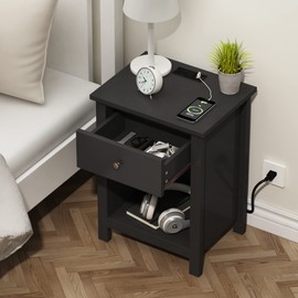 ChooChoo Nightstand with Charging Station, Wooden Top Bedside Table with Drawer and Storage Space for Bedroom, Black