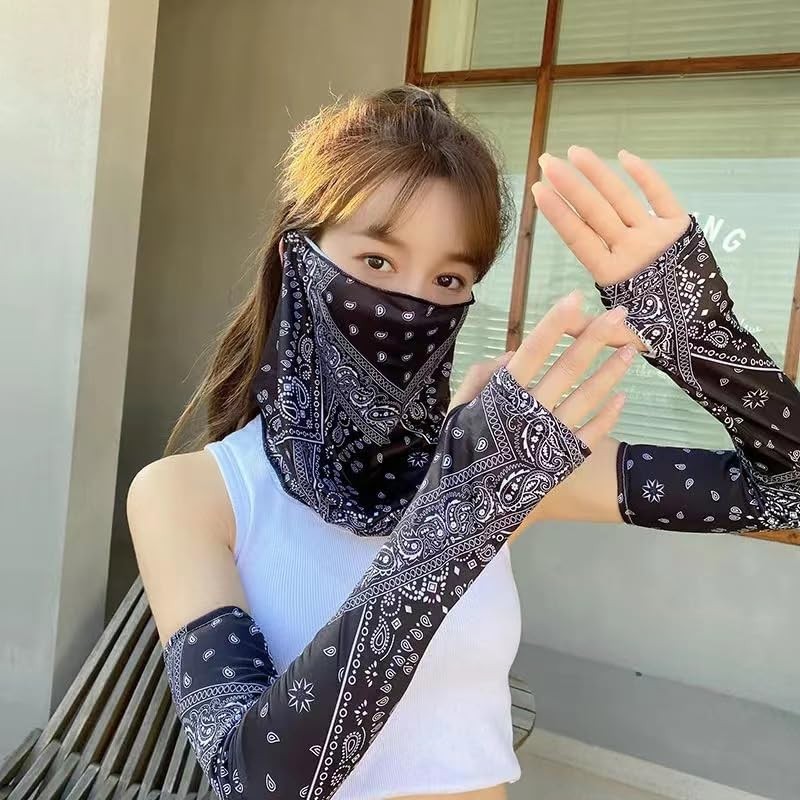 Black Paisley Long Arm Sleeves Sun Motorcycle Bicycle Elastic Stretch