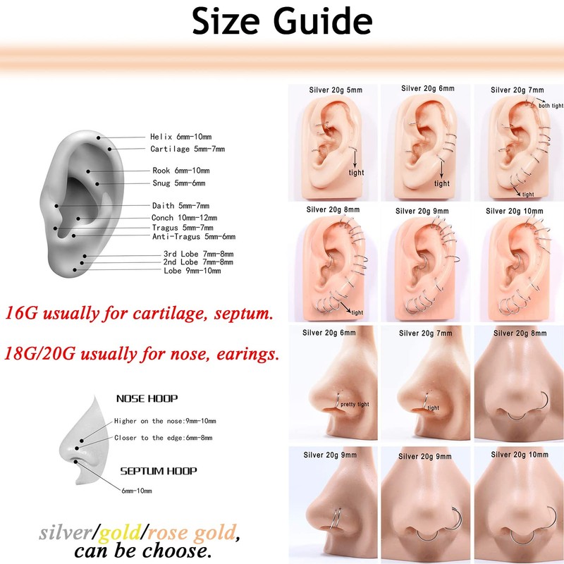 PunkTracker 2Pcs 20G 18G 16G 6/7/8/9/10mm Rings for Cartilage Tragus
