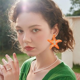 coadipress Starfish Earrings for Women Large Gold Statement Big Star Earrings Boho Beach Starfish Earring Summer Orange Starfish Shape Drop Earrings Fashion Beach Ear Jewelry Accessories (Orange)