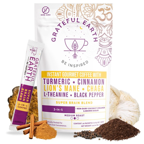 Grateful Earth Mushroom Coffee, Coconut Instant Coffee with Lion’s Mane
