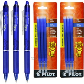 Pilot Frixion Clicker Retractable Erasable Blue Gel Ink Pens, 3 Pens with 2 Packs of Refills