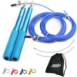 InnoTi Skipping Rope Adult Fitness for Men and Women - Speedrope Skipping Rope Crossfit for Boxing - Non-Slip Lightweight Aluminium Handles for Double Unders - Adjustable and with Extra Rope (Blue)