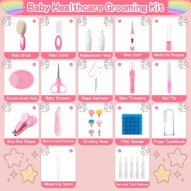 28 in 1 Baby Healthcare and Grooming Kit, Infant Baby Nursery Kit Electric Nail Trimmer Set with Gas Colic Passer Nasal Aspirator Nail Clipper Hair Brush Comb for Newborn Girls Boys (Pink)