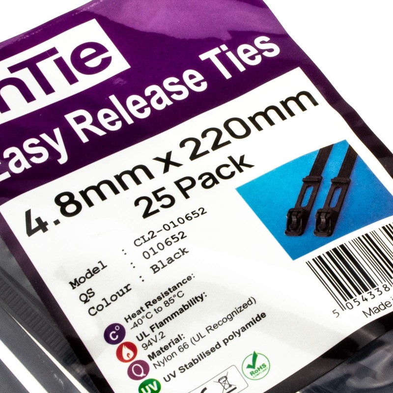 Easy Release Cable Ties 4.8 mm x 220 mm Releasable