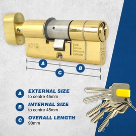 UAP Thumb Turn Euro Cylinder Lock - 3* Kitemarked Euro Lock Cylinder - Door Barrel Lock with 5 Keys Suitable for All Doors - Anti-Snap, Anti-Bump, Anti-Drill (90mm 45/45) (Brass)