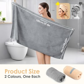Arvoni Pack of 2 Microfibre Hair Towels, Large, 100 x 60 cm, Hair Turban Hair Towel with Elastic Band, Turban Towel with Button, Hair Turban Microfibre for Long and Curly Hair (Grey, Khaki)