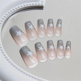 POKENGDA Prsess on Nails-Short Fake Nails Coffin Press-On Nails,Glitter Nail Designs Blue False Nails Gradients Acrylic Nails Easy-On Nails Star Nail Art for Women