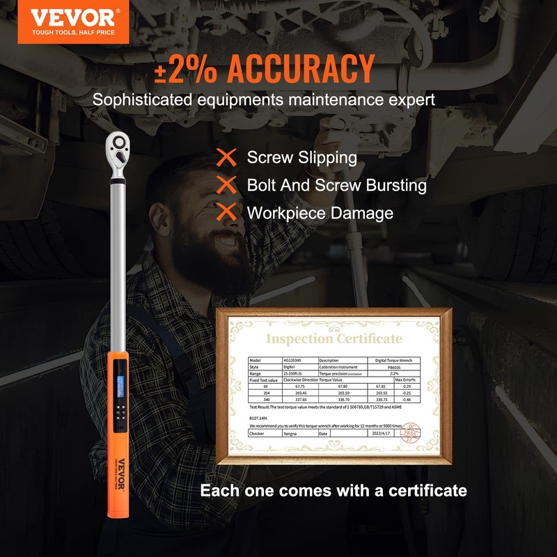 VEVOR Digital Torque Wrench 1/2" Drive(25-250ft.lb/34-340n.m), ±2% Torque Accuracy, 3-Mode