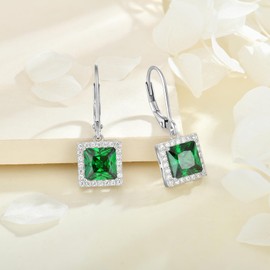 TIMFROZ Women's Earrings 925 Sterling Silver Square Dangle Drop Leverback Earrings With 5A Cubic Zirconia Birthstone Statement Earrings Jewelry Gifts for Women
