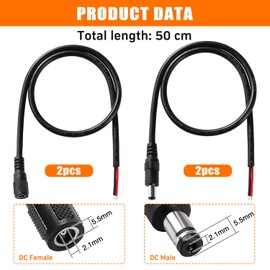 KUOQIY 4 pieces 50 cm 18 AWG DC pigtail cable, DC 5.5 mm x 2.1 mm male and female to bare wire open end power supply repair cable, for CCTV surveillance camera, DVR, LED strip light, etc