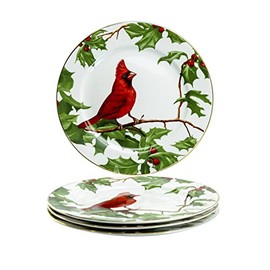 Gracie China Christmas Cardinal Holly Porcelain Dessert/Salad Plate 8-Inch (Set of 4)