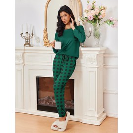 Ekouaer Womens Pajamas Set Jogger Lounge Sets Soft Pjs Long Sleeve Plaid Long Pant with Pockets