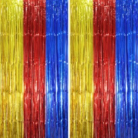 Voircoloria 2 Pack Blue Red Gold Foil Fringe Backdrop Curtains, Tinsel Streamers Party Decorations, Fringe Backdrop, Door Shimmer for Birthday Party