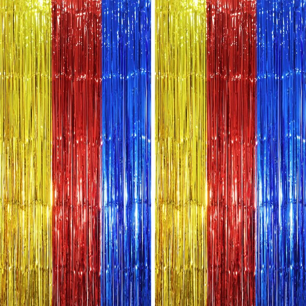 Voircoloria 2 Pack Blue Red Gold Foil Fringe Backdrop Curtains,