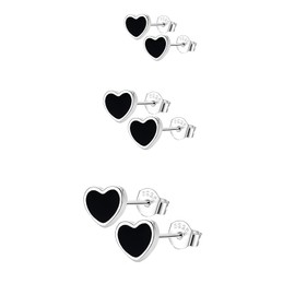 Hinvan 3 Pairs 925 Sterling Silver Earrings Silver Heart Earrings Black Heart Shaped Stud Earrings Silver Heart Studs Earrings Hypoallergenic Cartilage Silver Stud Earrings for Women Girls 5 6 7 mm