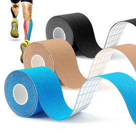 Sports Tape Kinesiology Tape Physio Tape 5 x 5 cm Waterproof & Skin-Friendly Kinesiotape with Special Scissors for Knee Pain, Elbow and Shoulder Blue/Black/Beige