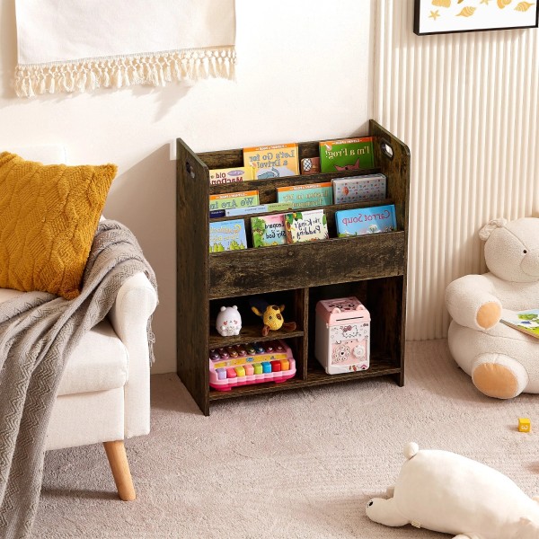 VECELO Bookshelf Wooden Display Stand with Easy Moveable Handles Brown