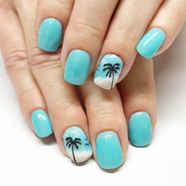 Blue Press on Nails Short Square Beach Nails Fake Nails False Nails with Palm Tree Seagull Designs Beach Nails Glossy Glue on Nails Summer Acrylic Nails for Women Girls 24Pcs