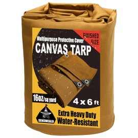 Small Heavy Duty Canvas Tarp 4x6 Feet 16oz Water-Resistant Canvas Cover with Grommets，Tear Resistant, Durable, Multipurpose Protective Tan Tarp Cover for Camping, Tent, Car
