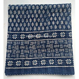 Blue Indigo Print Cotton Handmade Handblock Quilted Blanket Indian Cottodspread Kantha Indigo Print Beork Bohemian Bed Decor Block Throw Blanket Twin/King/Queen (California King 108X108 inches)