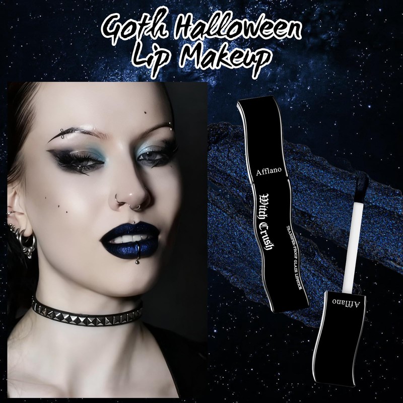 Afflano Dark Blue Lipstick Metallic Gothic Makeup, Goth Black Lipstick