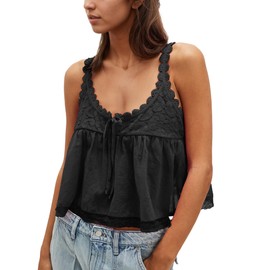 Gacaky Womens Summer Boho Lace Tank Top Casual Beach Vacation Y2k Tops Fashion Crop Tops Clothes 2025 Black S