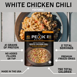 Peak Refuel White Chicken Chili | 41g Protein | 760 Calories | 100% Real Meat | Premium Freeze Dried | Amazing Taste & Quality | Backpacking & Camping & Prepper Food | 2 Servings