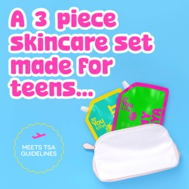 BeYoutiful 3 Step Teen Skin Care Kit, Face Wash, Face Scrub, Face Moisturizer Lotion, Skincare Routine Gift Set for Tweens and Kids in Trendy Squeeze Pouches, Vegan, for Girls and Boys