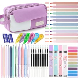 42 Pcs Big Capacity Pencil Pouch with Aesthetic School Supplies, 12 Pastel Highlighters, 5 Black Ink Gel Pens, 6 Mechanical Pencils Set 0.5 & 0.7mm, Sticky Notes, Stationary Set for Student (Purple)