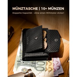 LORZOR Slim Wallet with XXL Coin Compartment for 10+ Coins, Card Holder Men's RFID Protection, Genuine Leather Wallet, Men's Wallet, Wallet, Smart Wallet, Credit Card Holder for 10 Cards, carbon