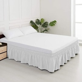 MEILA Wrap Around Bed Skirt Three Fabric Sides Elastic Dust Ruffled 14 Inch Tailored Drop,Easy to Install Fade Resistant-White, Queen/King