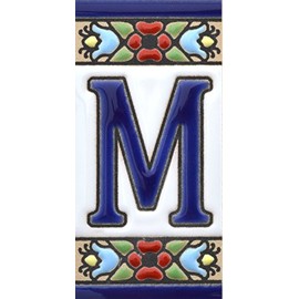 ART ESCUDELLERS Signs with Numbers and Numbers on Ceramic Tile Hand Painted Cord Technique for Signs with Names, Addresses and Signposts. Design Flores Mini 7.3 cm x 3.5 cm (Letters M)