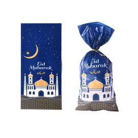 LFRANK 100 Pieces Eid Mubarak Party Treat Bags, Ramadan Theme Printed Pattern Gift Bags Cellophane Clear Plastic Goodie Favor Bags with Gold Twist Ties for Eid Mubarak Party