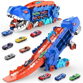11 in 1 Dinosaur Toys for Kids Toddler, Dinosaur Transport Truck with 8 Race Cars Transforms into Stomping Dinosaur with Race Track Ultimate City Dinosaur Hauler Track Toy for 3-5 4-8 Blue - Colour: Blue