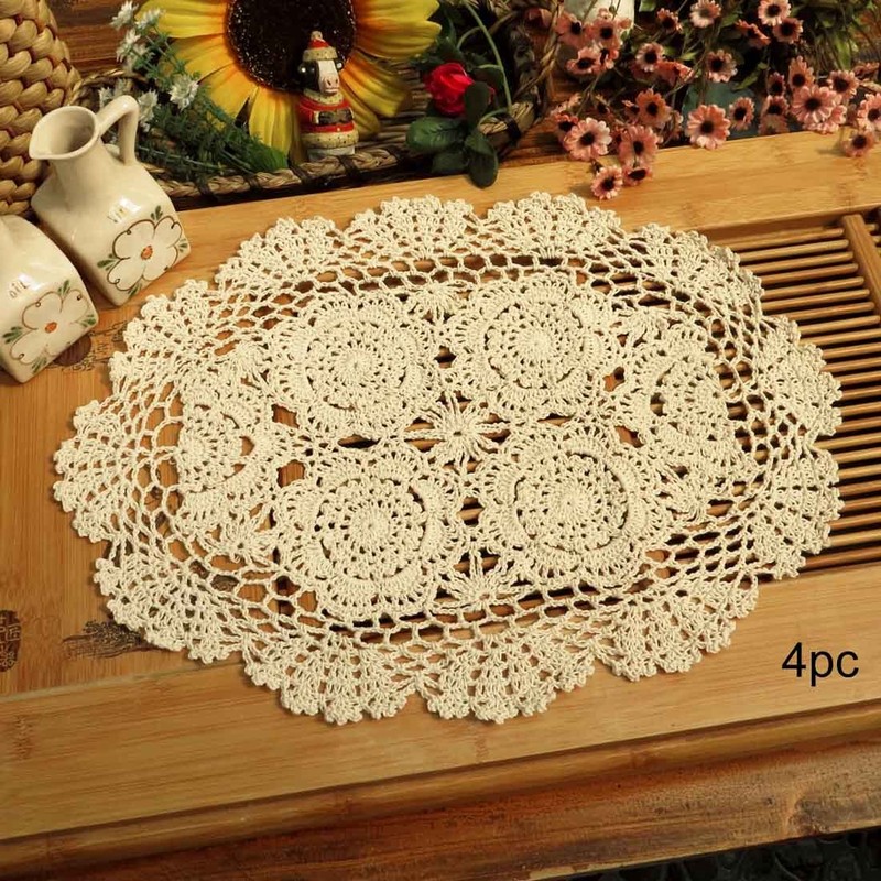 kilofly Crochet Cotton Lace Placemats Doilies 4pc, Oval, Beige, 12