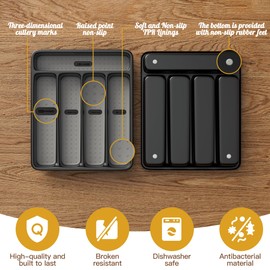 WEBACOO Drawer Organizer for Utensil Tray, Cutlery Holder and Kitchen Drawer Organizer, Drawer Dividers Organizer for Silverware & Flatware with 5 Large Slots, Tableware Storage for Knives-Black